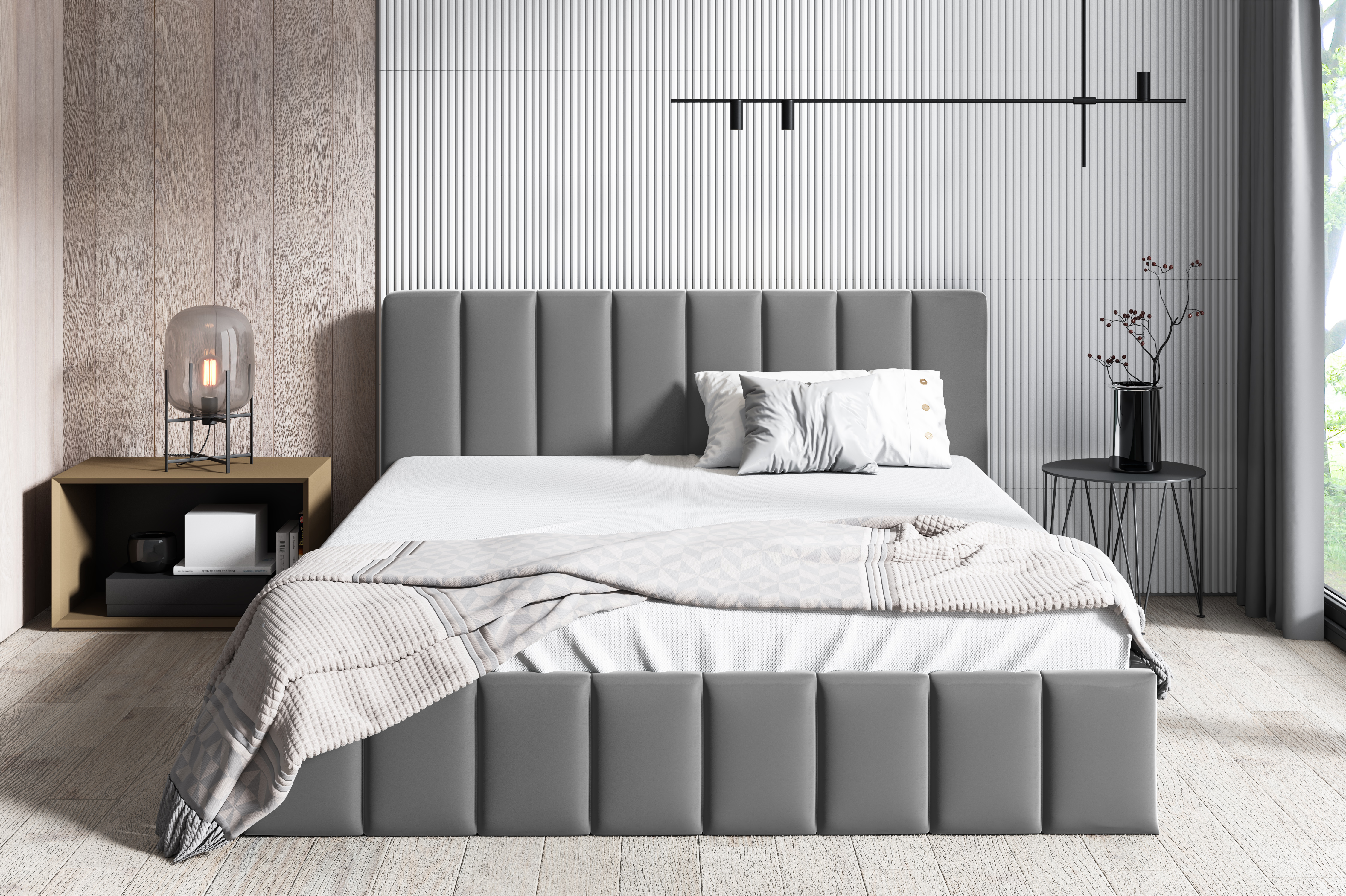 GUTTO čalúnená posteľ manželská posteľ ležiaci povrch 180 x 200 cm kovový roštový rám úložný priestor na posteľ šedej farby