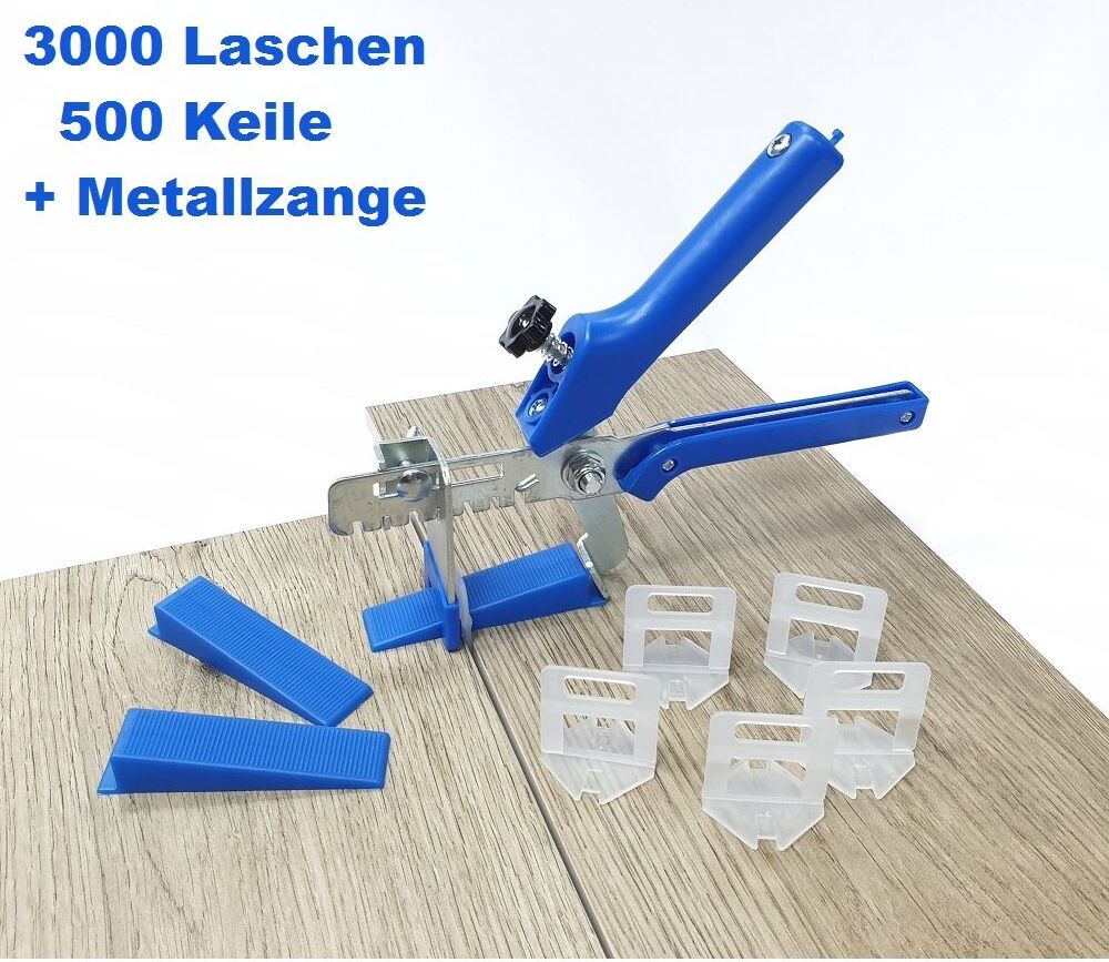 Fliesen Nivelliersystem Blau Fliesenstärke 3-12 mm XL-Set 1,5 mm 3000 Laschen 500 Keile + Zange -Verlegesystem Fliesenverlegung Fliesenverlegehilfe Fliesenverlegesystem Fliesennivelliersystem