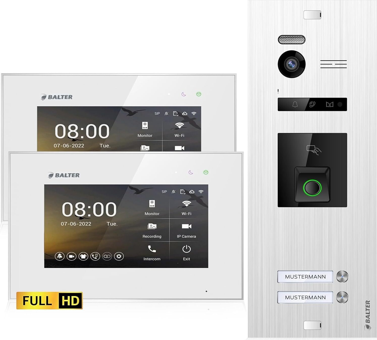 HD Video Türsprechanlage mit Fingerprint und RFID für 2 Familienhaus, 2x Monitor, Balter EVO HD Fingerprint