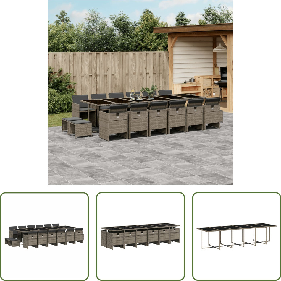 The Living Store 17-dielny záhradný jedálenský set s vankúšmi sivý polyratan