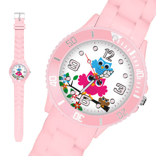 Taffstyle Kinder Armbanduhr Kinder Silikon Armbanduhr mit Eulen Motiv, Rosa / 39mm