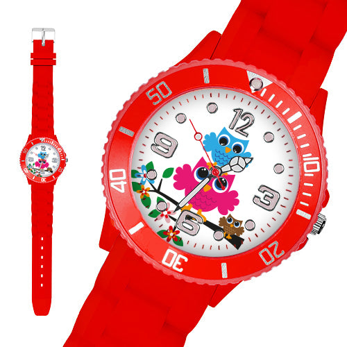 Taffstyle Kinder Armbanduhr Kinder Silikon Armbanduhr mit Eulen Motiv, Rot / 39mm