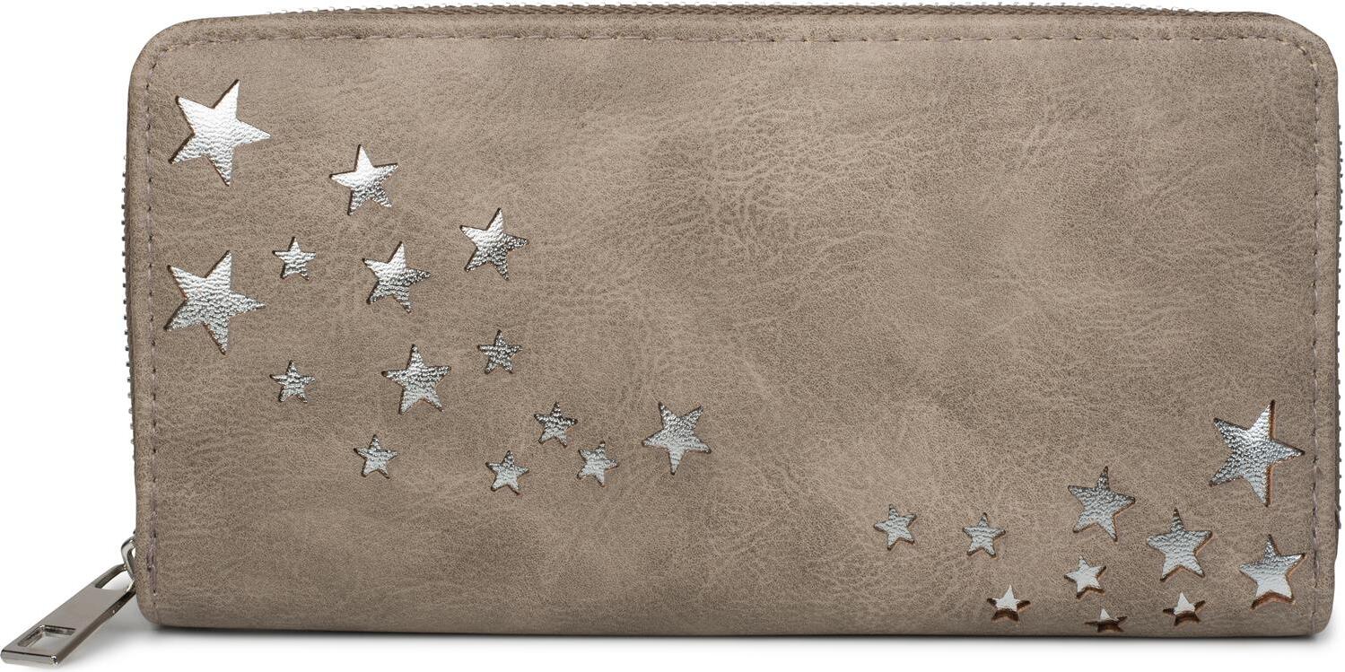 styleBREAKER Damen Portemonnaie mit Metallic Sternen | große Geldbörse mit Reißverschluss, Kartenfächern & Handyfach, Kunstleder 19 x 10 cm