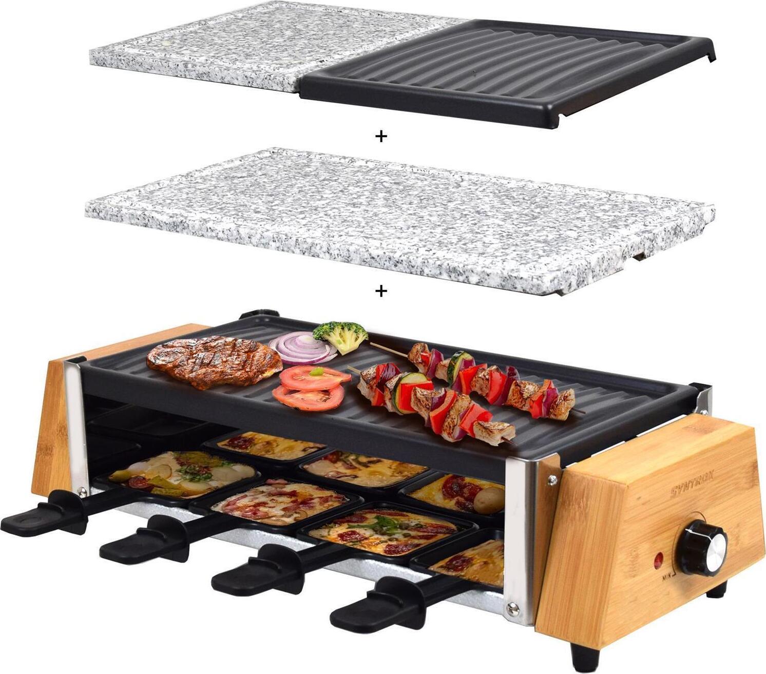 Syntrox Germany Raclette | 8 Personen | Naturstein + Grillplatten | 1200W | Antihaft Pfännchen - Murtel RAC-1200W-Murtel