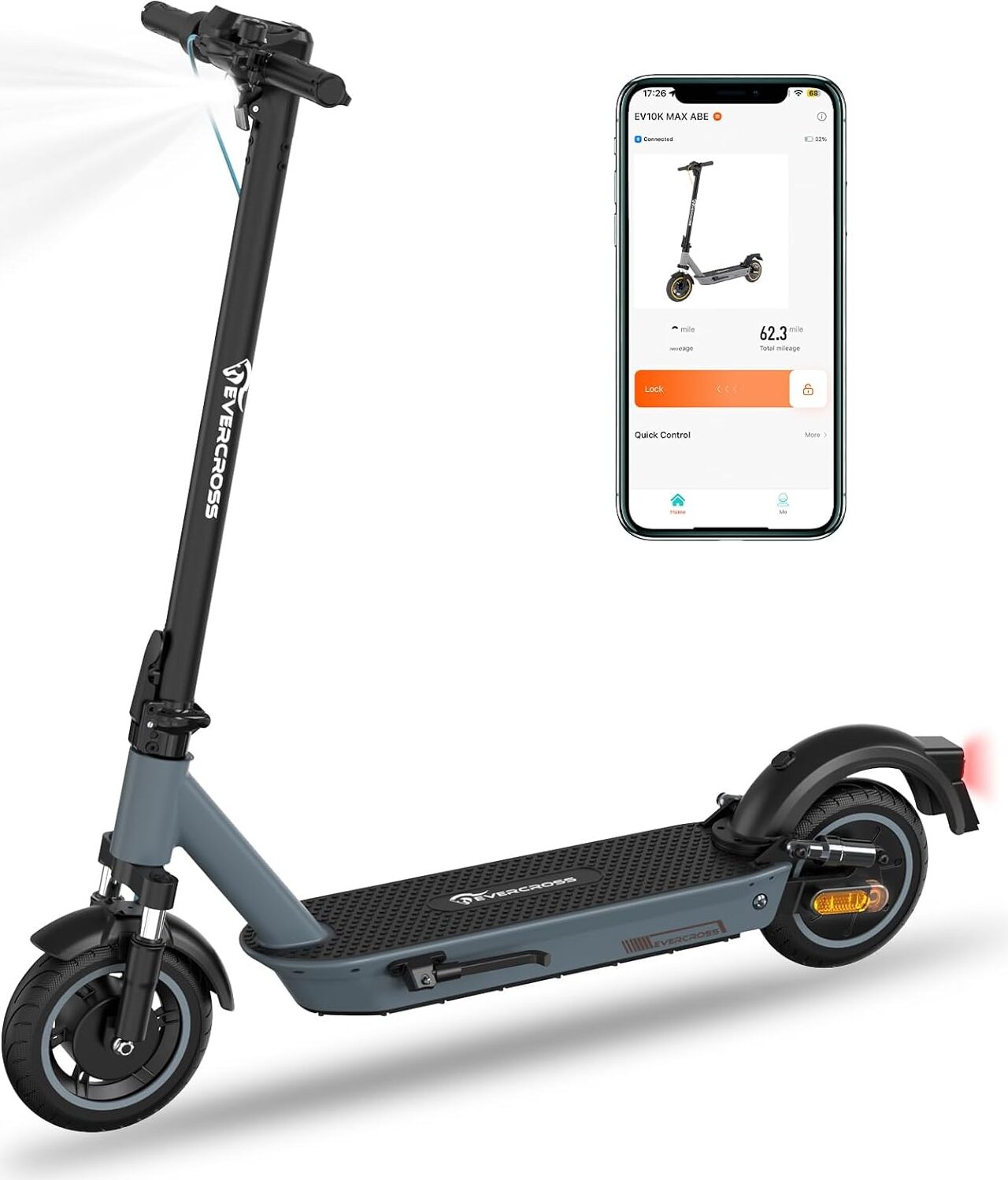 EVERCROSS EV10K MAX Grey 15,6 Mah E-Scooter s cestnou homologizáciou (ABE), dojazd 55 km/65 km, terénny elektrický skúter pre dospelých, skladací, s APP, 400W motor, dvojité tlmiče