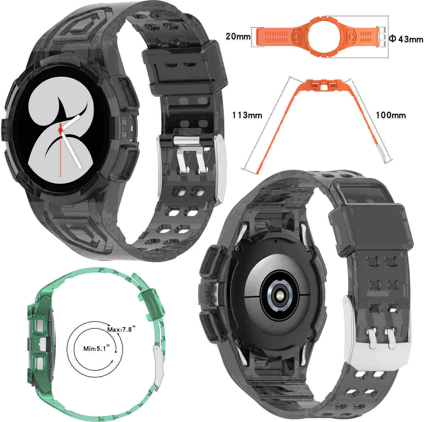 Pre Samsung Galaxy Watch FE / 4 40 mm remienok s ochranným puzdrom sivý