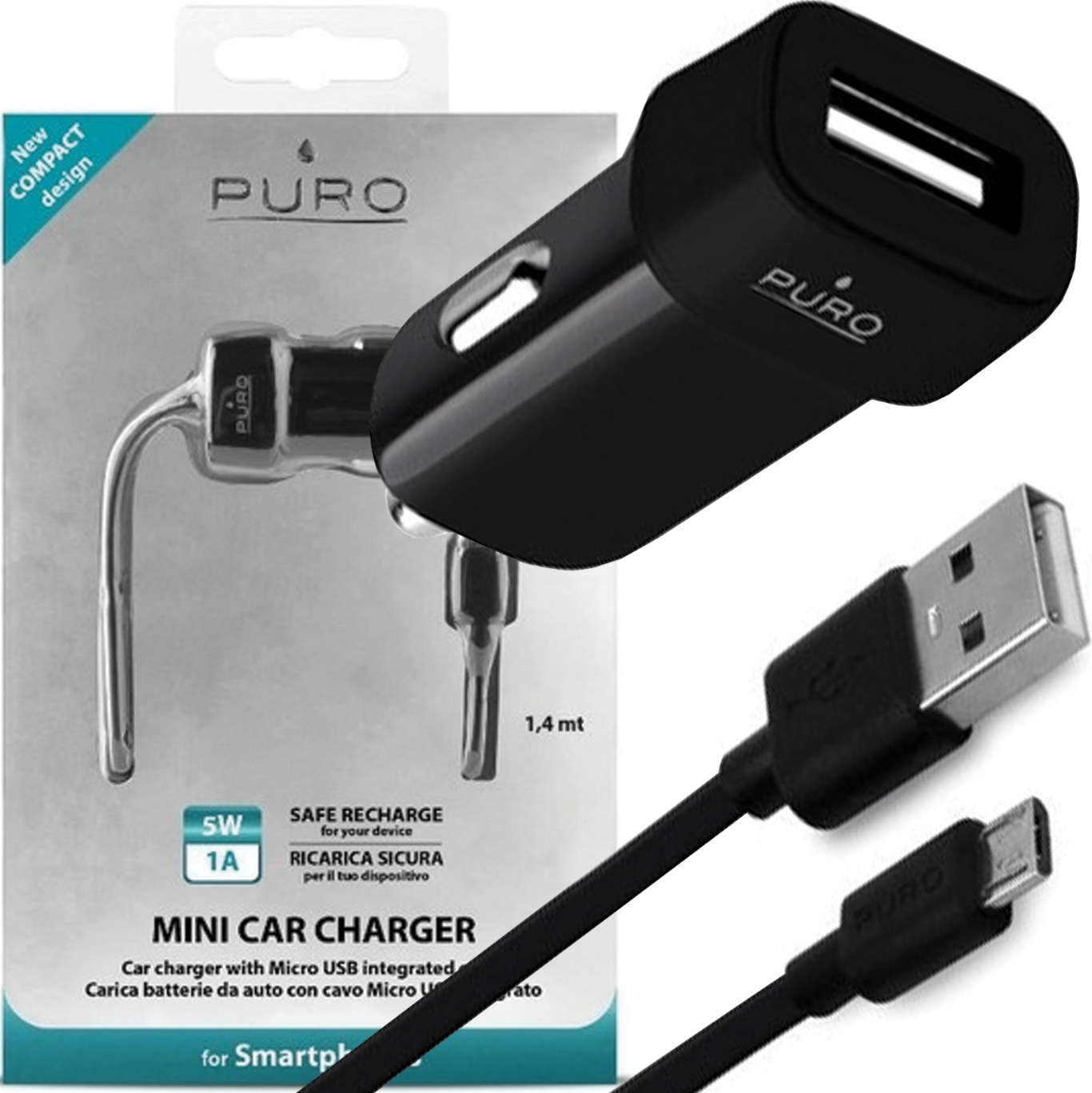 Samonabíjačka Puro. 1Xusb 1A s káblom Microusb Black/Black Mchusbmicrocblk