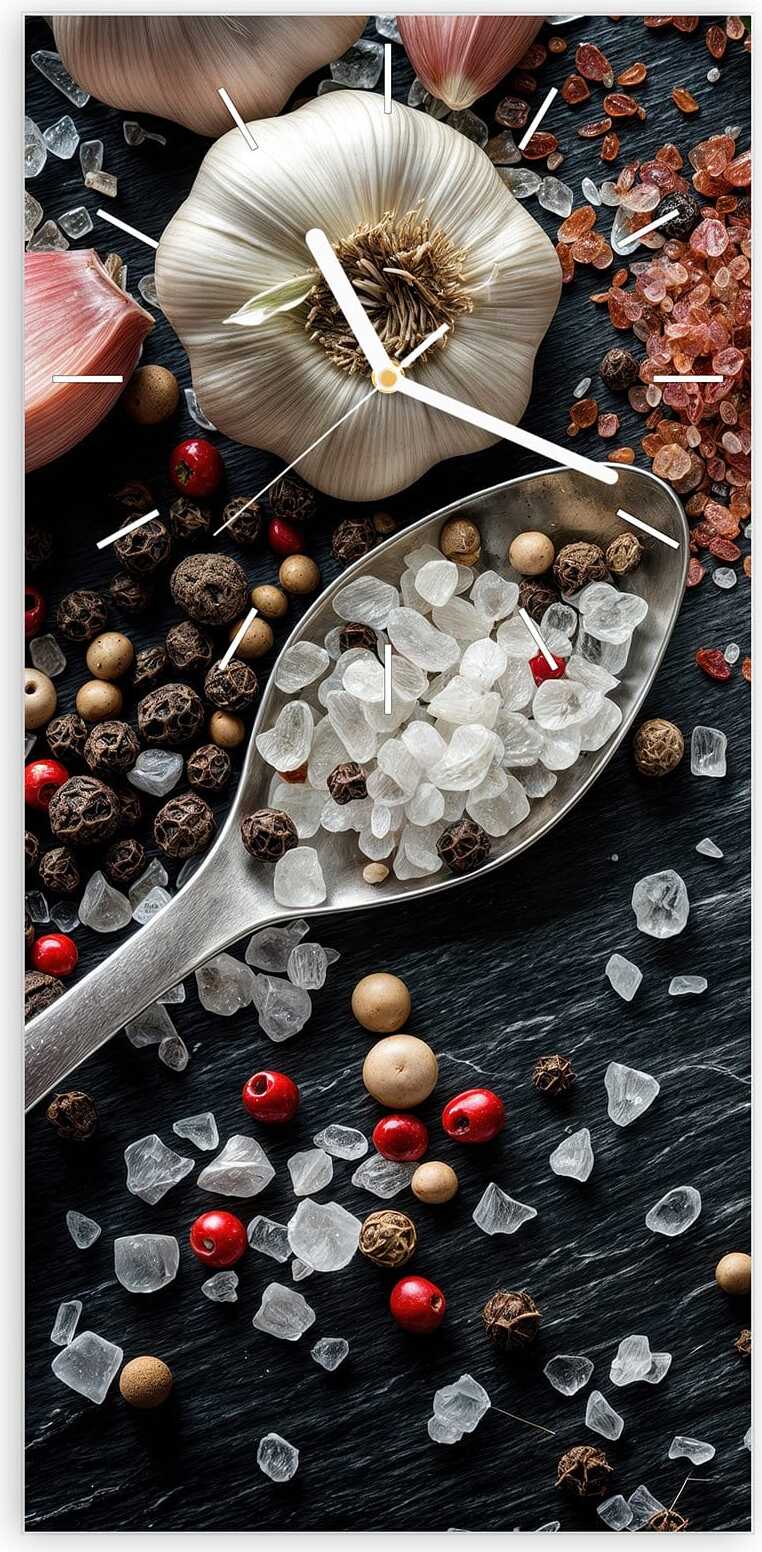 Primedeco Wanduhr aus Glas mit Motiv Küchenzutaten- 30 x 60 cm - inkl. Aufhängesystem