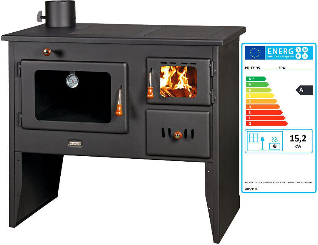 PRITY 95 Ltd. Küchenofen Holzofen links Schornstein Prity 2P41 BImSchII 15,2 kW
