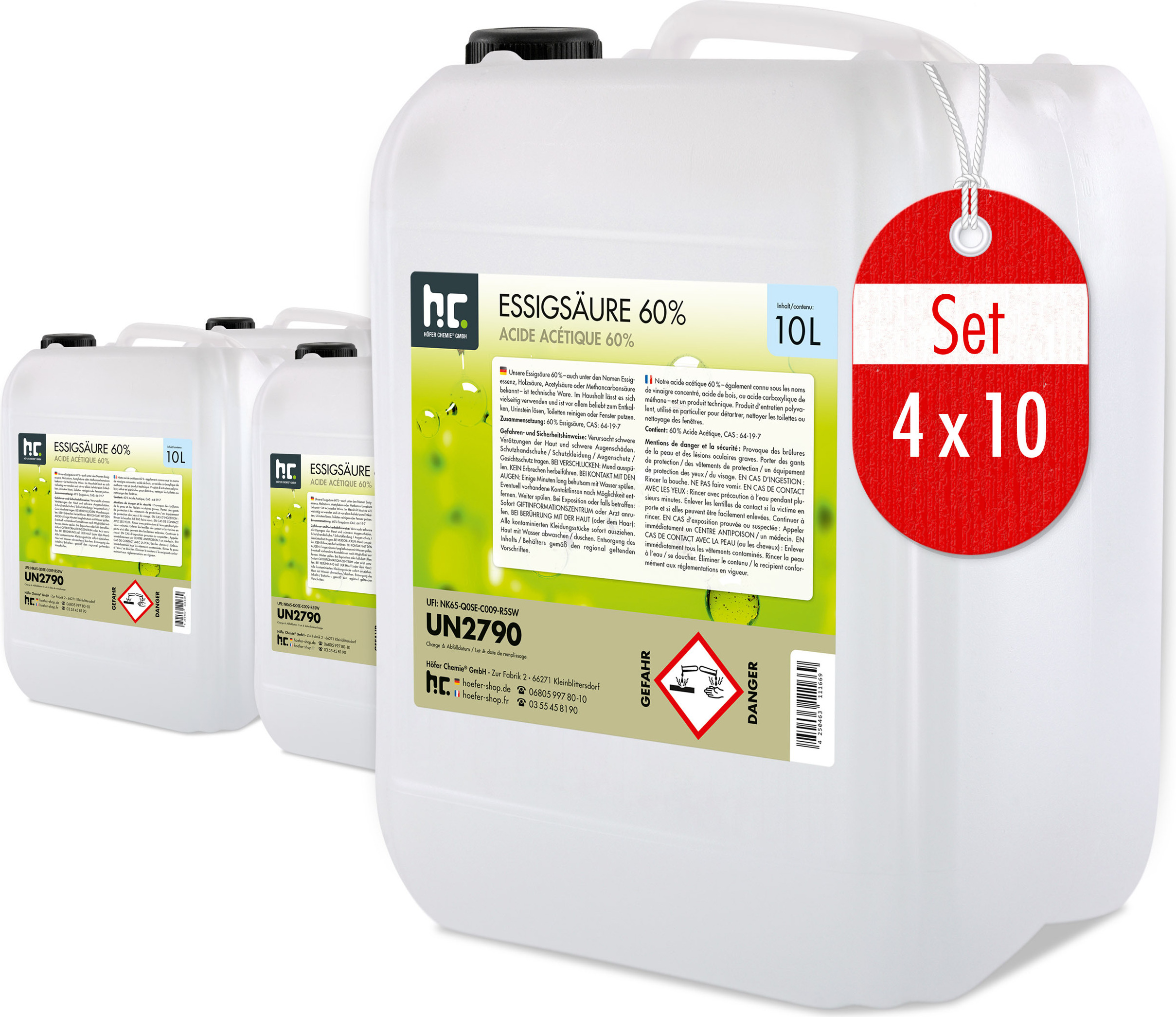 Höfer Chemie 4x 10 L Essigsäure 60%