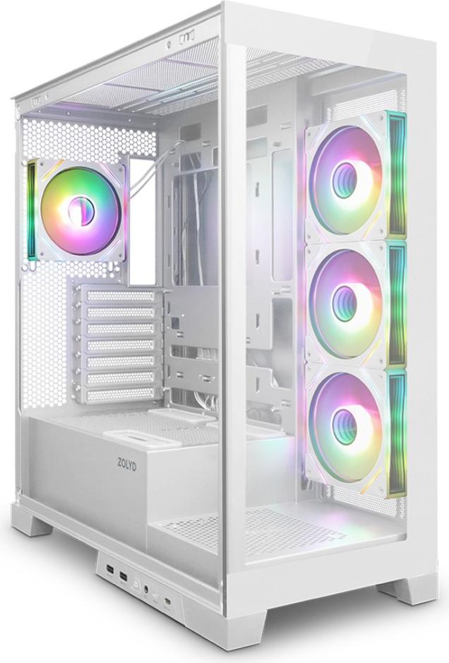 Zolyd Vexora, Midi Tower, PC, Weiß, ATX, micro ATX, Mini-ITX, Metall, Kunststoff, Gummi, SPCC, Gehärtetes Glas, Bernstein, Blau, Grün, Rot ZLDVEXORAWT