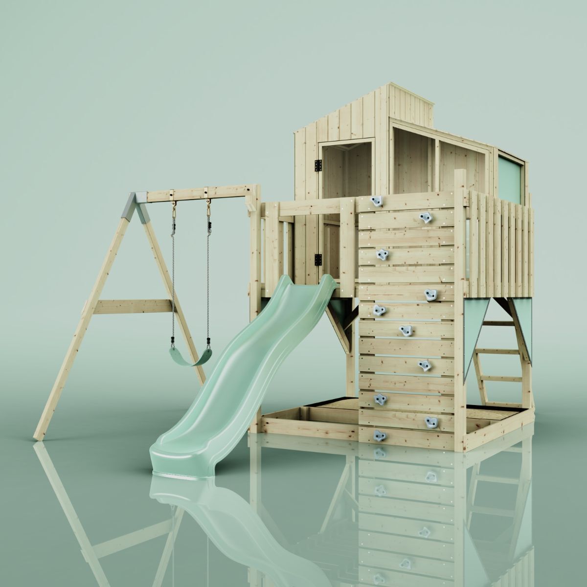 OutdoorToys Spielturm mit Spielhaus inkl. Wellenrutsche, Outdoor Klettergerüst Garten, Kletterwand und Kletterleiter, Ausführung: Kinderschaukel, Farbe: Mintgrün, mit Kinderschaukel O4.5.00308.7