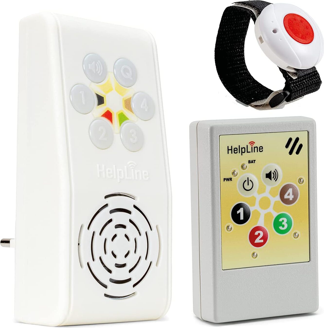 Kombi-Notrufsystem HelpLine 2.0 und -Steckdosenempfänger für die häusliche Pflege; Notrufsystem mit Funk Notruf Armband; Notrufknopf für Senioren; Pflegeruf Set HLP230Kombi2.0