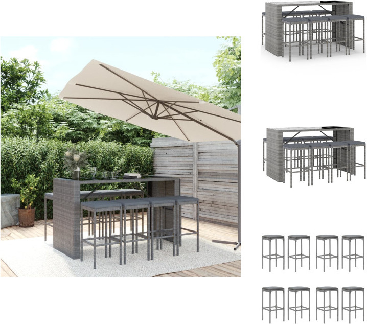 vidaXL 9-dielny záhradný barový set s vankúšmi sivý polyratan - Záhradný nábytok sety