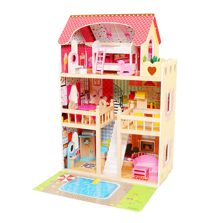 Puppenhaus aus Holz mit Möbeln und Schwimmbad Ecotoys gelb MUW06A333E