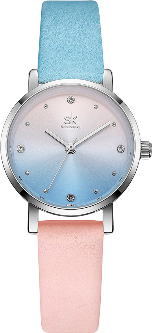 Alienwork Mdchen Kinder-Uhr silber mit Lederarmband blau pink elegant 5-SK8029-01