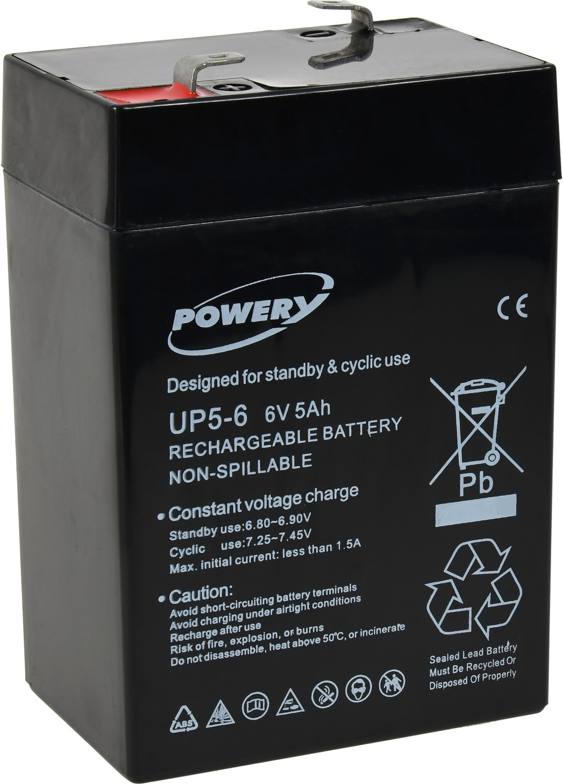 Powery Blei-Gel Akku für Rollstühle Elektro-Scooter Elektrofahrzeuge 6V 5Ah ersetzt auch 4Ah 4,5Ah G1.86.POW.1.22E