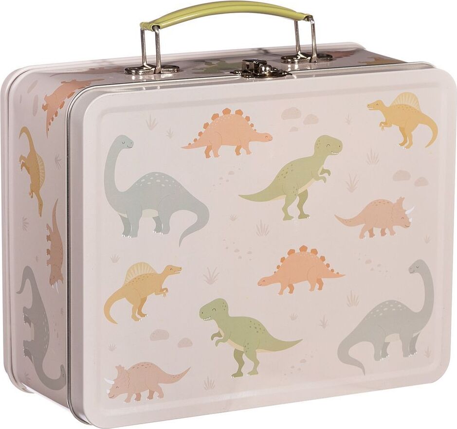 Lunchbox Koffer mit Dinos aus Metall beige bunt 22x17x10cm von Sass & Belle