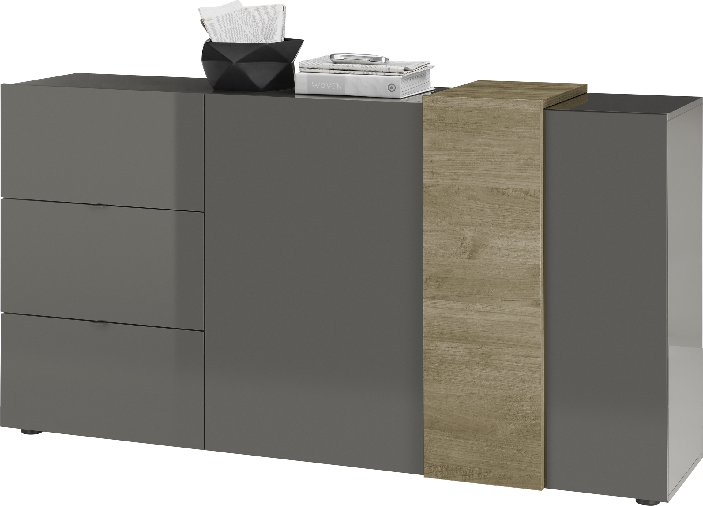 Sideboard Positano mit Schubkästen | grau Hochglanz / Eiche Mercure