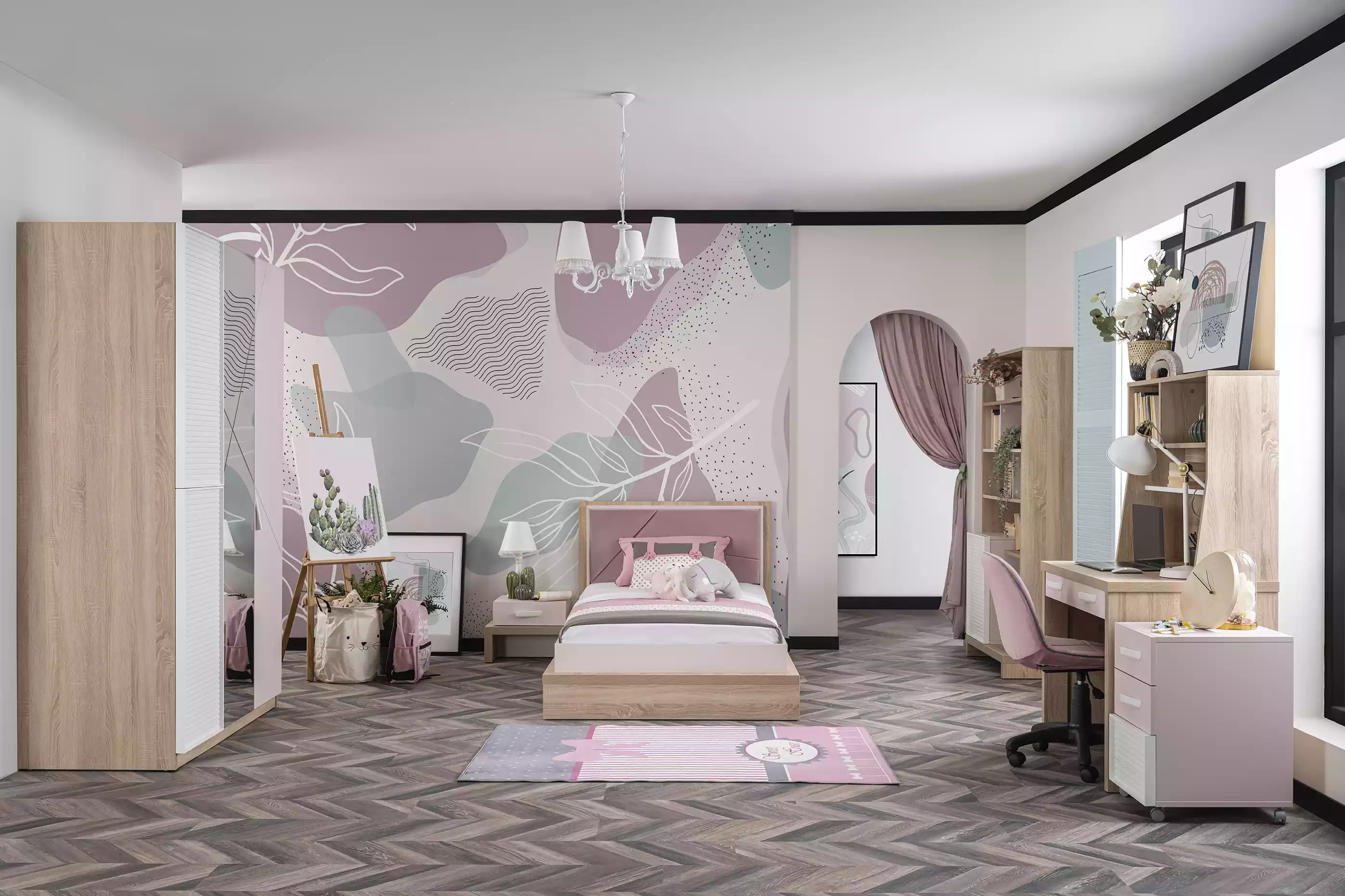 Garnitur Kinderbett Kinderzimmer Bett Holz Rosa Kindermöbel Set 8tlg