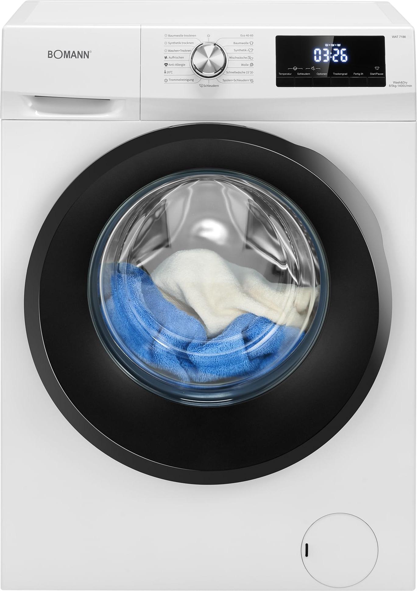 Bomann Waschtrockner | Waschen und Trocknen in einem Durchgang | 8kg Waschen / 5kg Trocknen | Dampffunktion | 1400 U/Min. | WAT 7186 weiß