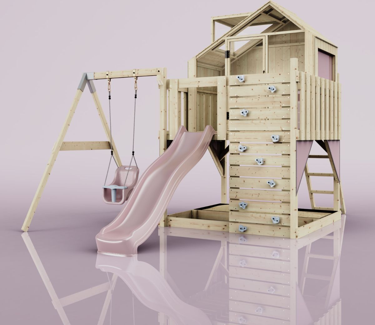 OutdoorToys Spielturm mit Spielhaus inkl. Wellenrutsche und Kinder-Schaukel, Outdoor Klettergerüst Garten, Ausführung: Babyschaukel, Farbe: Altrosa, mit Babyschaukel O4.5.00293.11