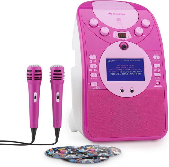 AUNA ScreenStar - Karaoke Player, Karaoke Set, Karaoke Anlage, TFT-Display, 2 x Mikrofon, Front-Kamera, integrierter Lautsprecher, USB, CD+G-Player, 3 x Karaoke-CD, pink KS1-539pink+CD