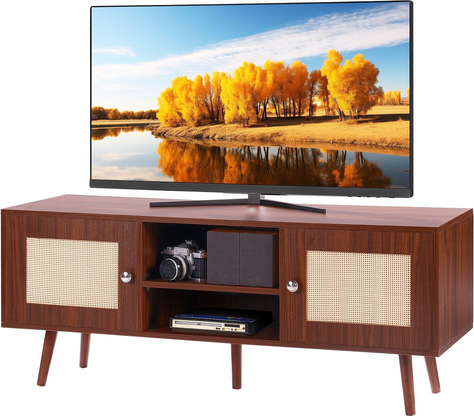 Zerbaco Rattan-TV-Ständer, Fernsehschrank Boho-TV-Schrank für 140 cm Fernseher, Retro-TV-Ständer, Rattan-TV-Konsole mit verstellbaren Regalen & 2 Türen, für Wohnzimmer, Medienraum, Walnuss