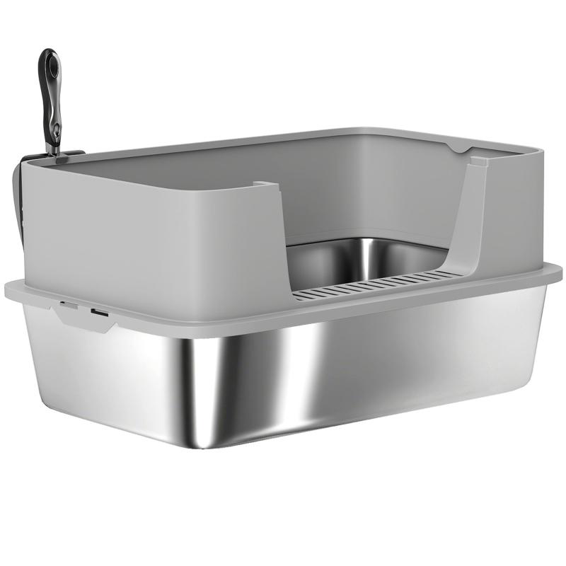 Homu & Co. Katzentoilette – Extra große Edelstahl-Katzentoilette – Offene Toilette – Hoher Rand – Mit Schaufel – Auslaufsicher – 60.2 x 40.2 x 29,5 cm – Grau