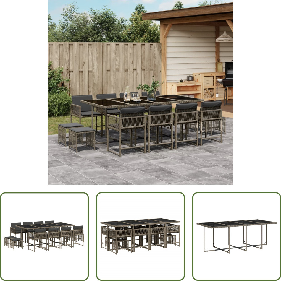 The Living Store 13-dielny záhradný jedálenský set s vankúšmi sivý polyratan