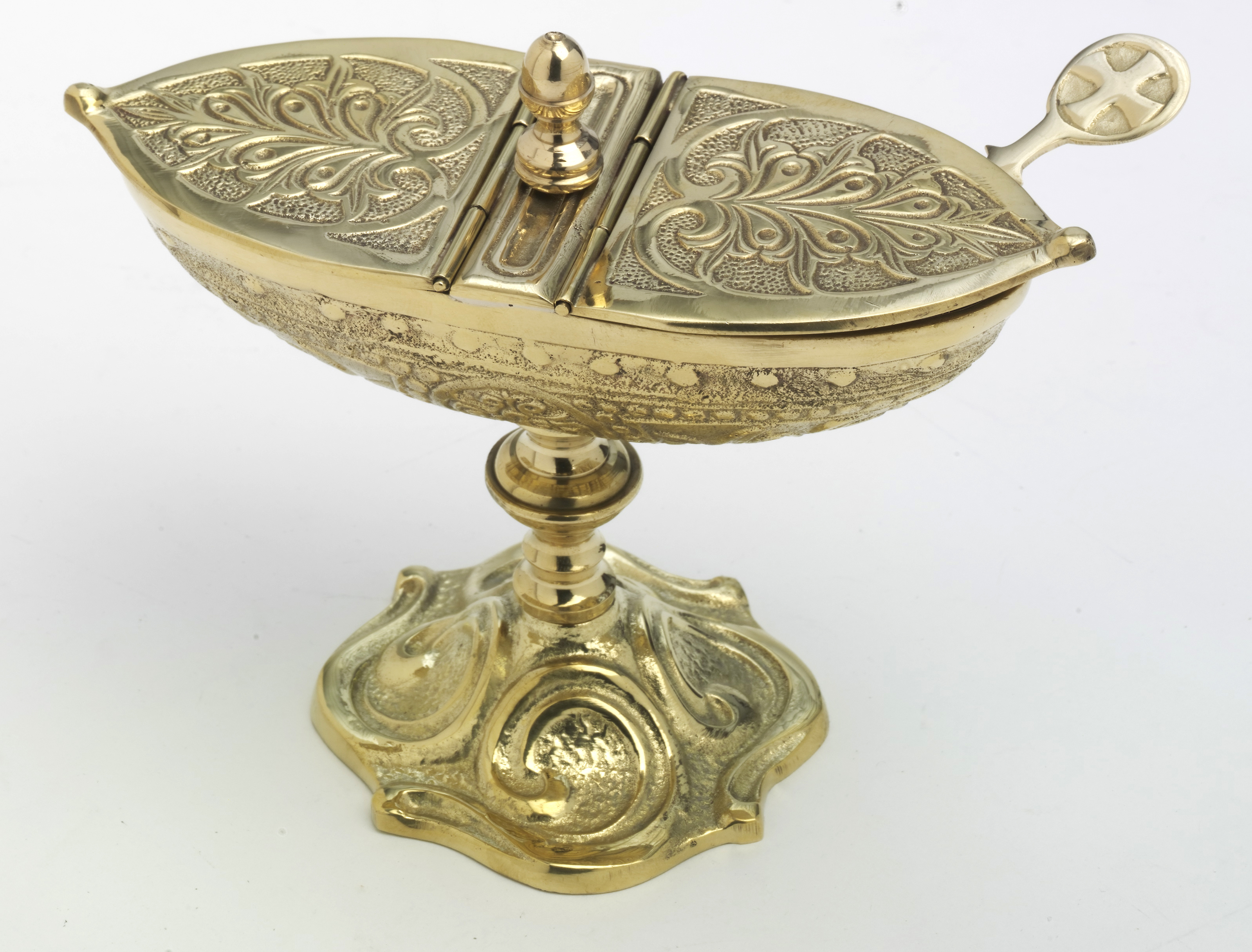 HECK Kirchenbedarf Weihrauch Schiffchen mit Löffel und Deckel Messing Gold (Höhe 13 cm) HK10460.01