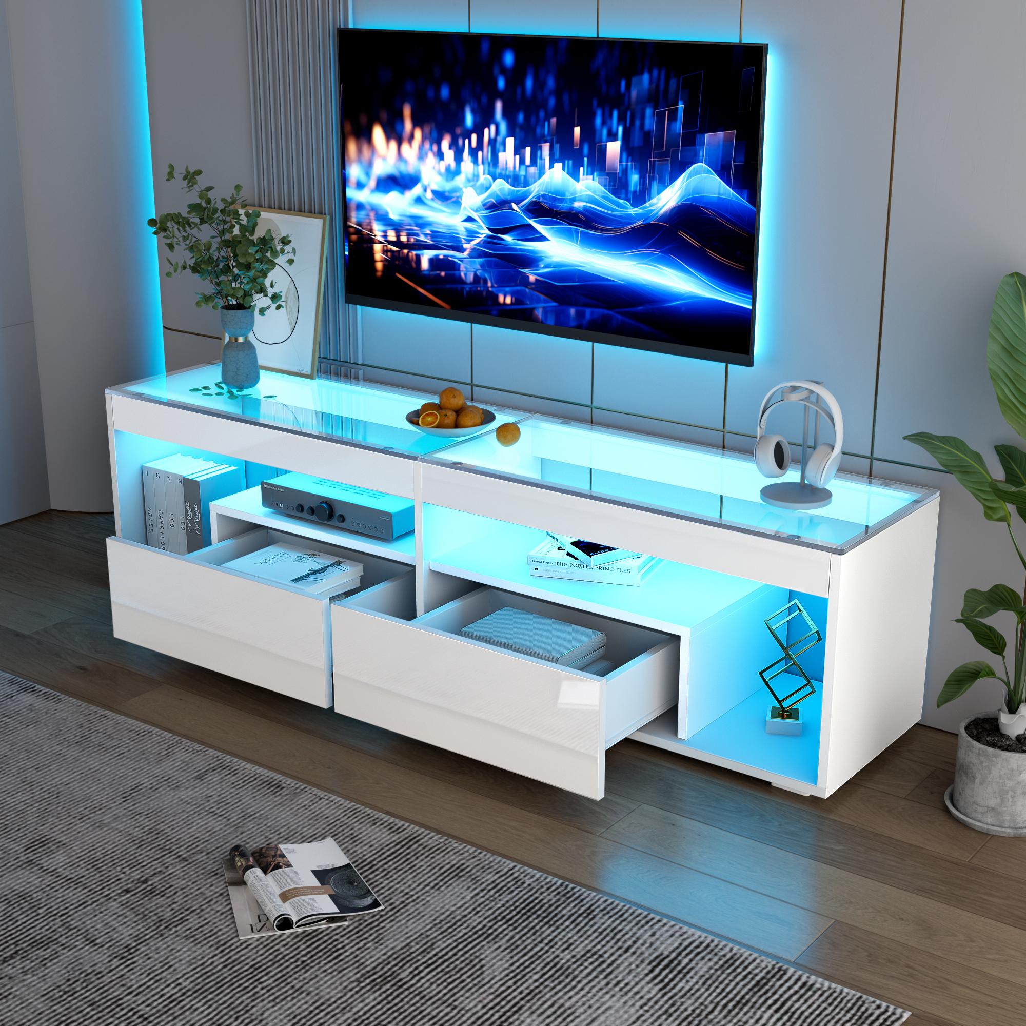 okwish Hochglanz-TV-Schrank Fernsehschrank mit LED-Beleuchtung und 2 Schubladen,TV-Ständer für 70-Zoll-Fernsehbildschirme,Konsolentisch mit mehrere Ablagen,Weiß