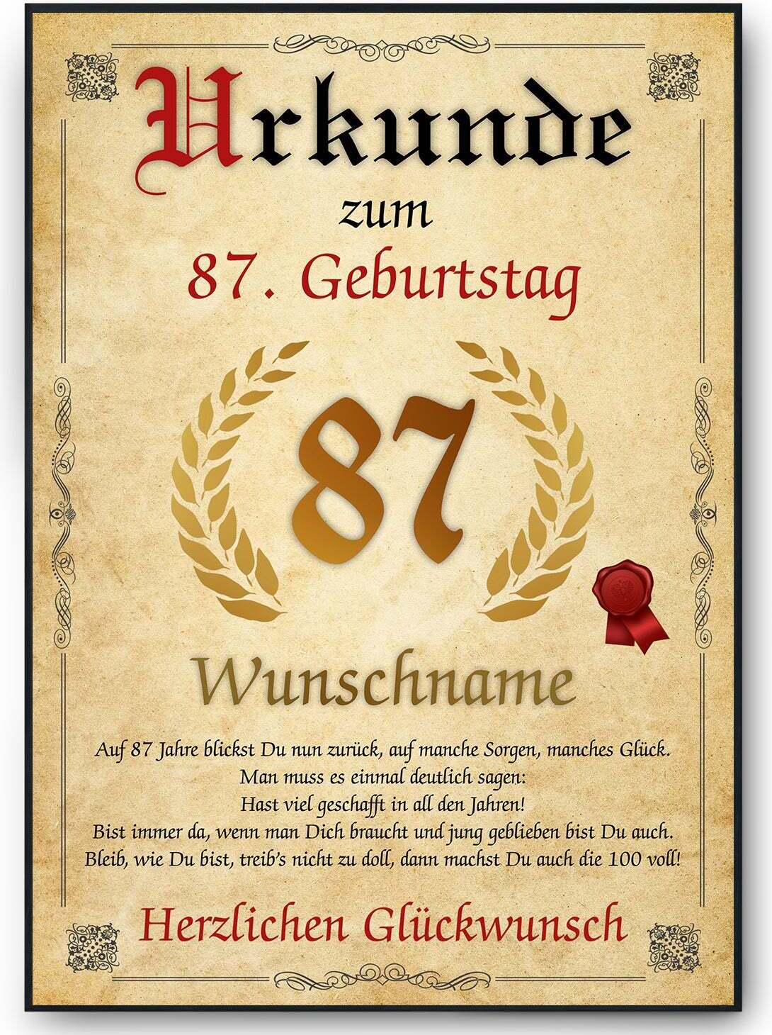 Tigerlino® Urkunde zum 87. Geburtstag personalisiertes Geschenk Jahrgang 1938 Geburtstagsurkunde 87 Jahre Geburtstagsgeschenk – DIN A4 (21x29.7cm)