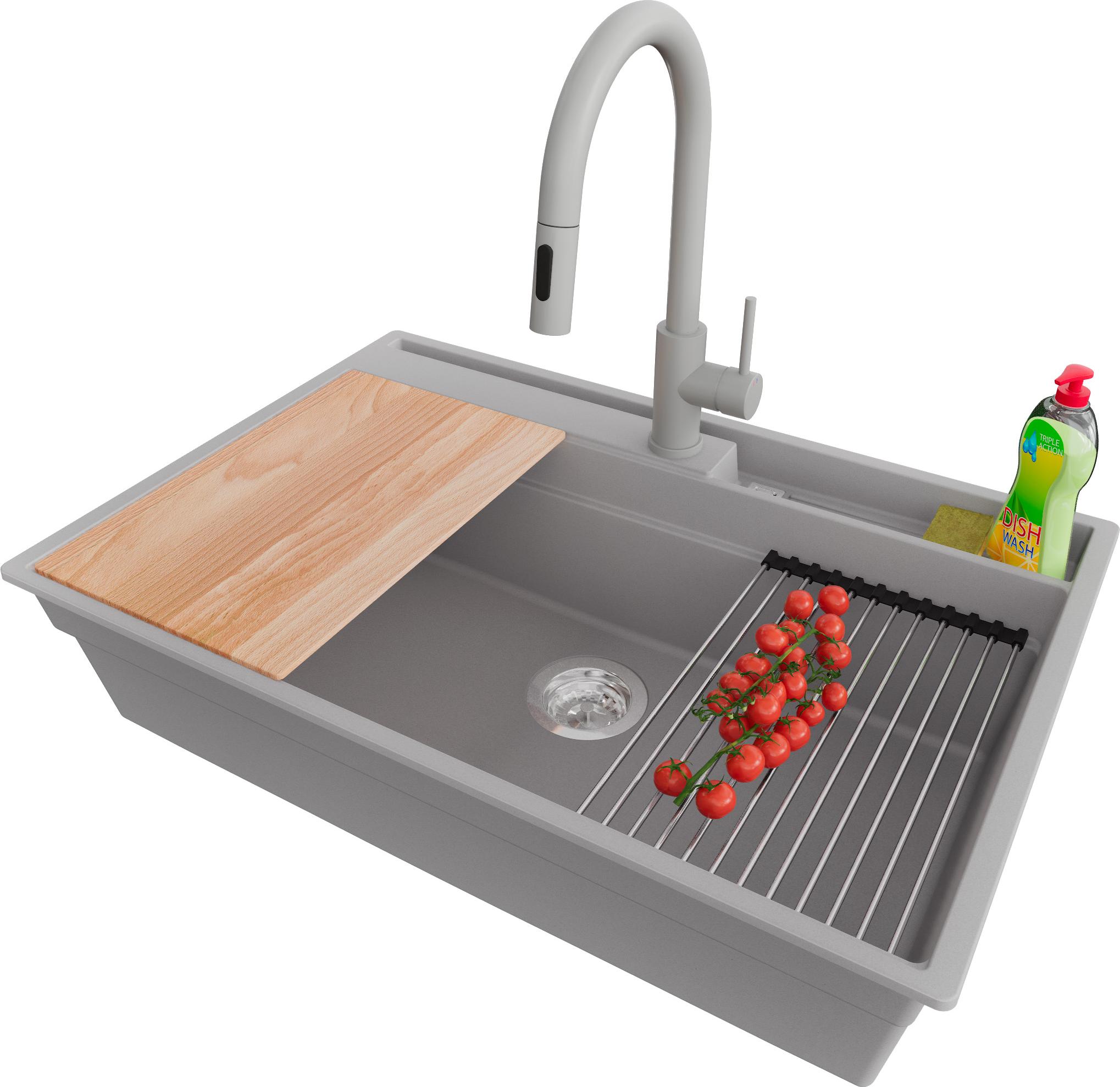 PRIMAGRAN Granitspüle Grau 78x53cm, Spülbecken 1 Becken + Küchenarmatur 40x20cm + Ablauf-Set + Küchenzubehörset, Küchenspüle ab 80er Unterschrank - Oslo Pocket