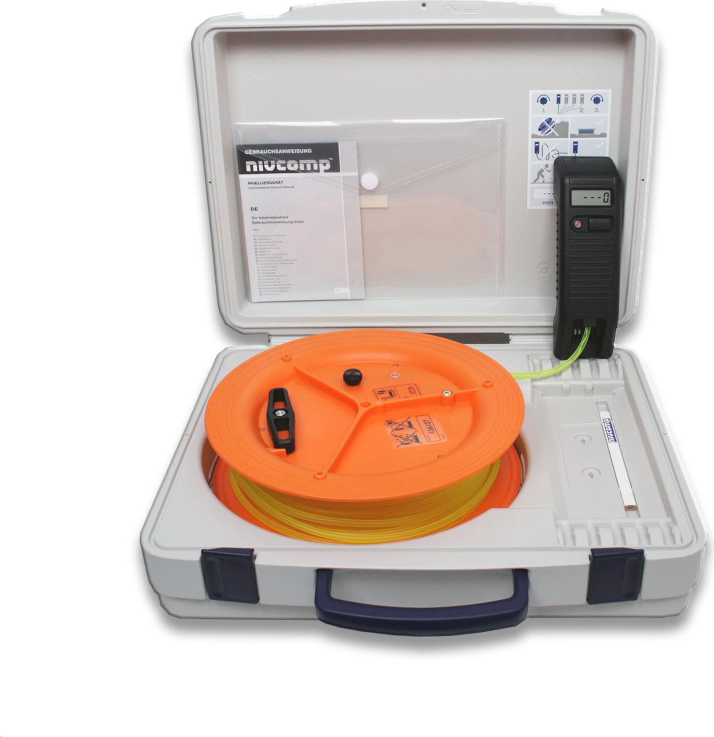 rabo elektronische Schlauchwasserwaage, Reichweite 48m, nivcomp ist ein vielseitiges Nivelliersystem, eignet sich hervorragend für Ebenheits- und Gefällevermessungen auf Baustellen rabo-99H25PROBAG