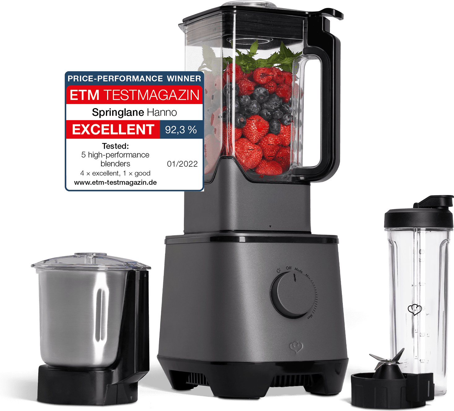 SPRINGLANE Hochleistungsmixer Hanno 2000 W, 2,5 L Tritan-Behälter, Selbstreinigungsfunktion, inkl. Edelstahlbehälter & To-Go Flasche 944049