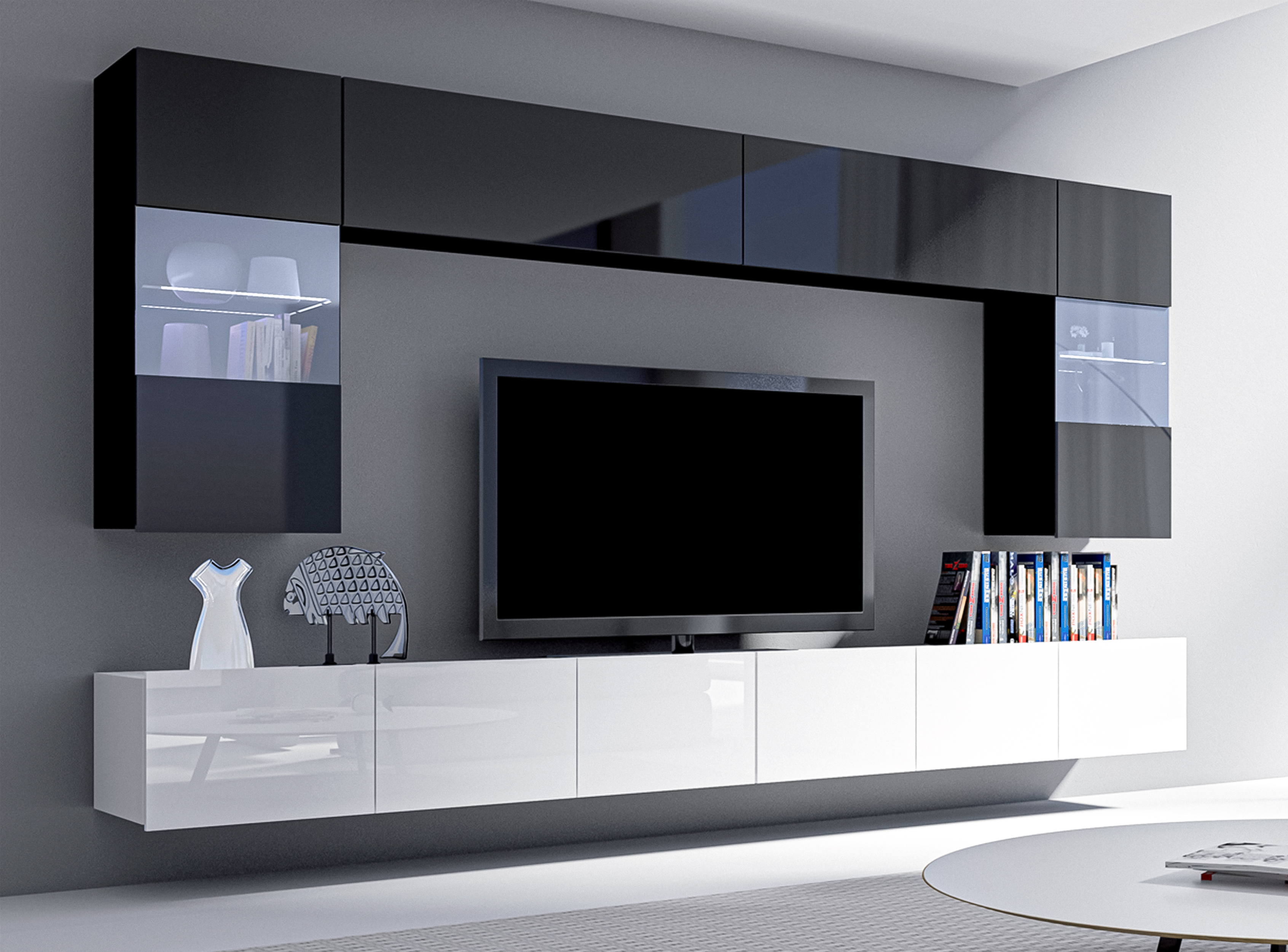 AX LIVING Wohnwand Modern Kossana 1 – 300cm Breite, Schwarz/Weiß N1706