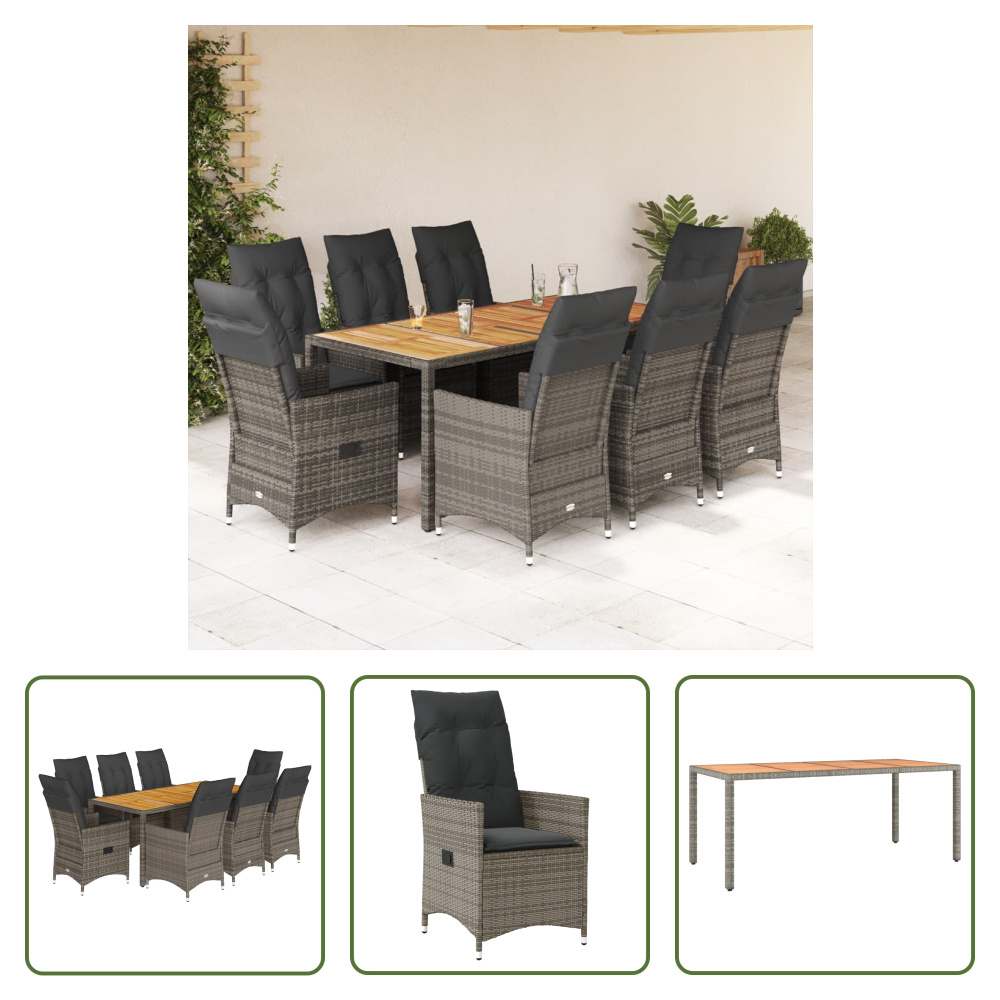 The Living Store 9-dielny záhradný jedálenský set s vankúšmi sivý polyratan
