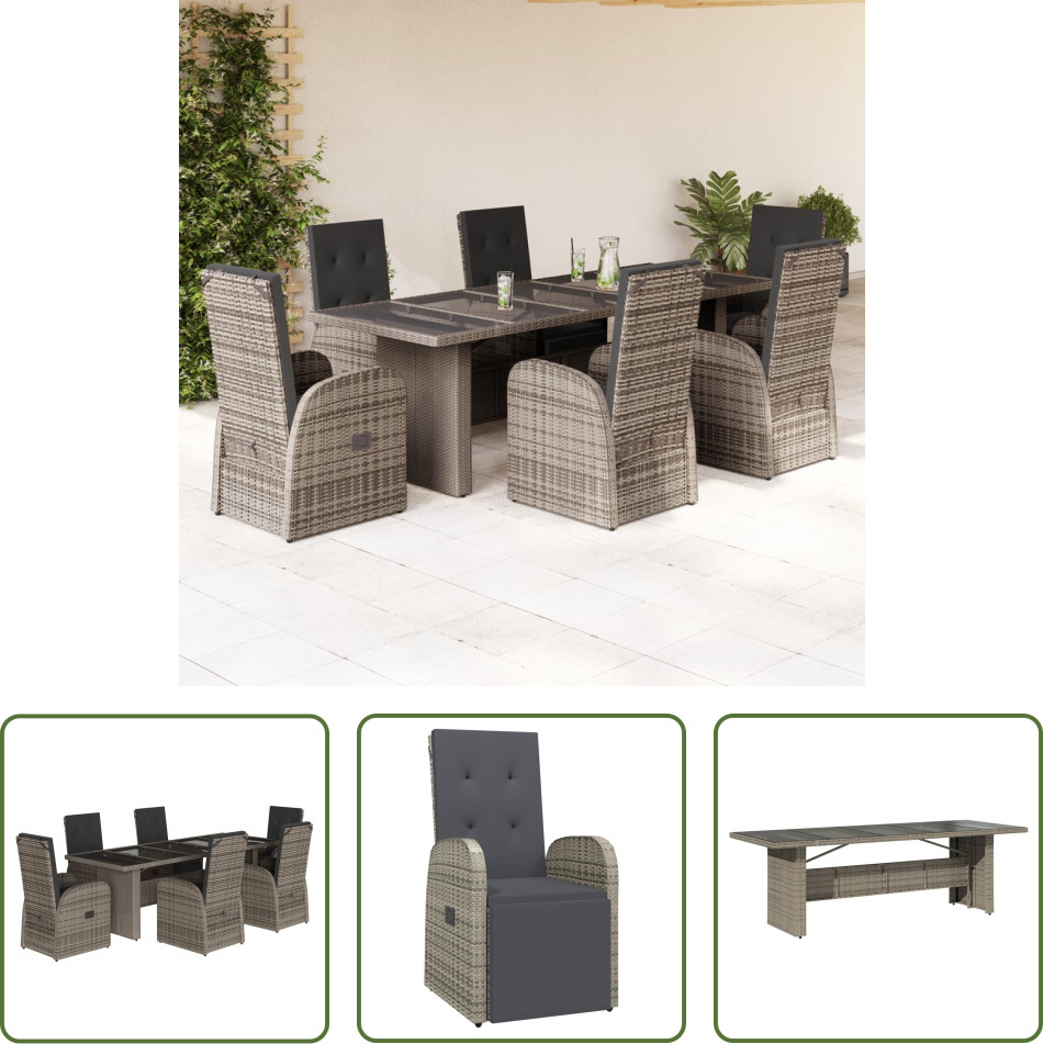 The Living Store 7-dielny záhradný jedálenský set s vankúšmi sivý polyratan