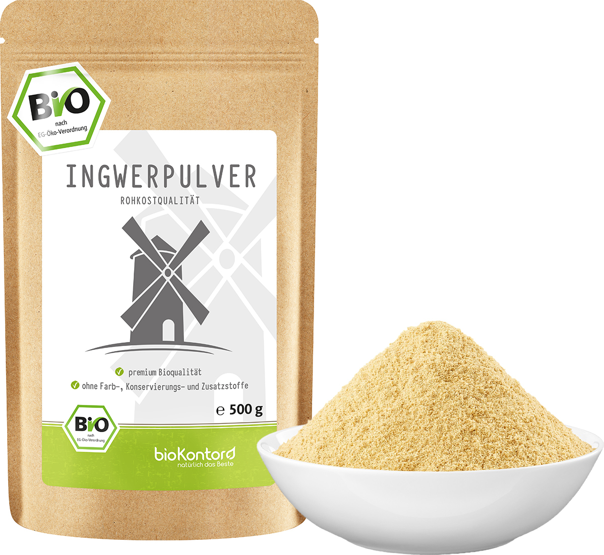 Ingwerpulver gemahlen 500 g I 100% natürlich und rein - ohne Zusatzstoffe I Ingwer gemahlen in Rohkostqualität von bioKontor 22500