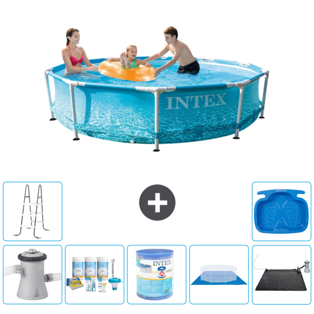 Okrúhly rámový bazén Intex - 305 x 76 cm - tlak vody - vrátane balíka na údržbu čerpadla - filter - zemný kryt - solárna podložka - rebrík - vaňa pre nohy