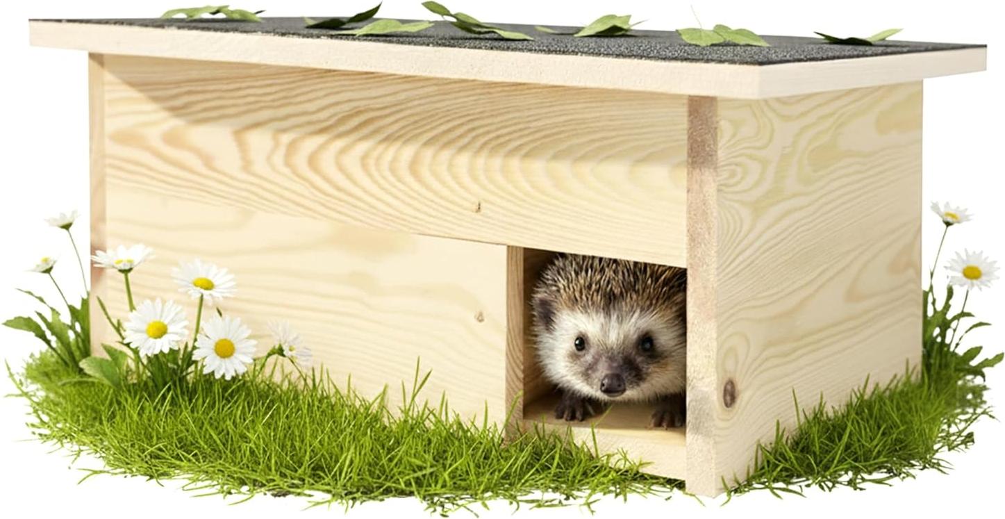 PATKAR Igelhaus Winterfest mit Boden [SCHÜTZT VOR FRESSFEINDEN] - Premium Igelfutterhaus ( Europe) - Hochwertige Igelhäuser Igel Haus - Igel Schlafhaus Igel Futterhaus - Igelhotel Igelhöhle PAT-FLACH-NATUR