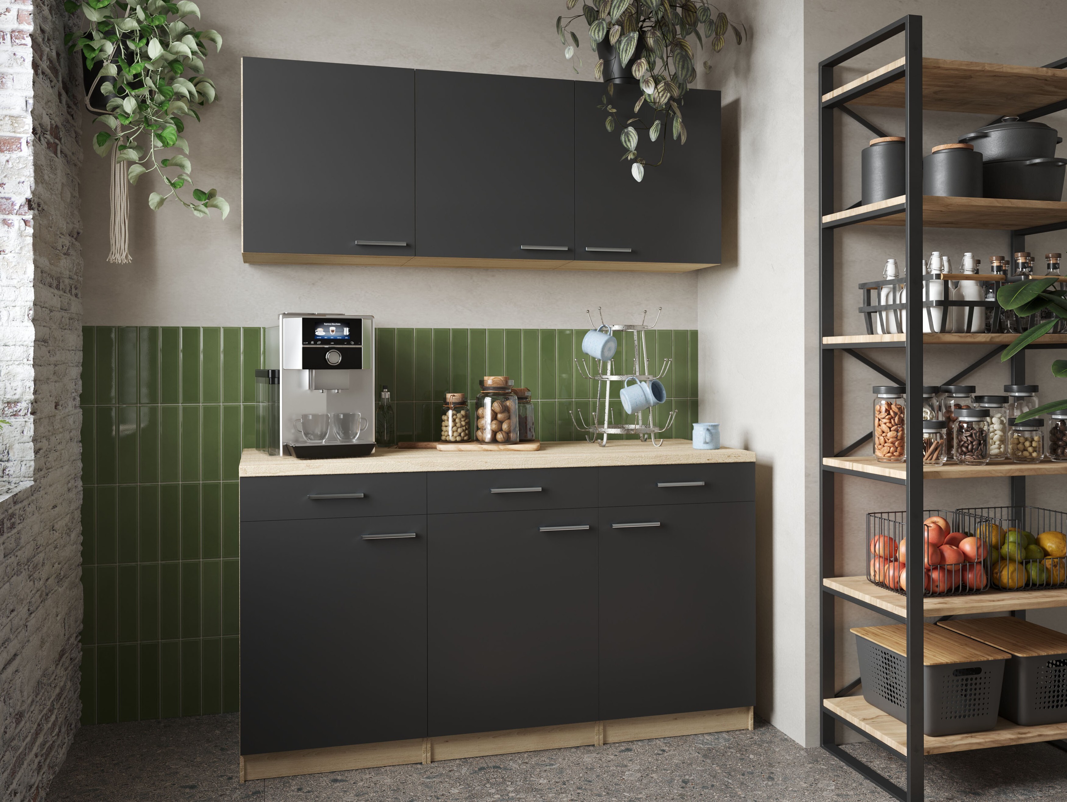 Küchenschrank Hängeschrank 150 cm Eiche Sägerau Schwarz Merle Respekta