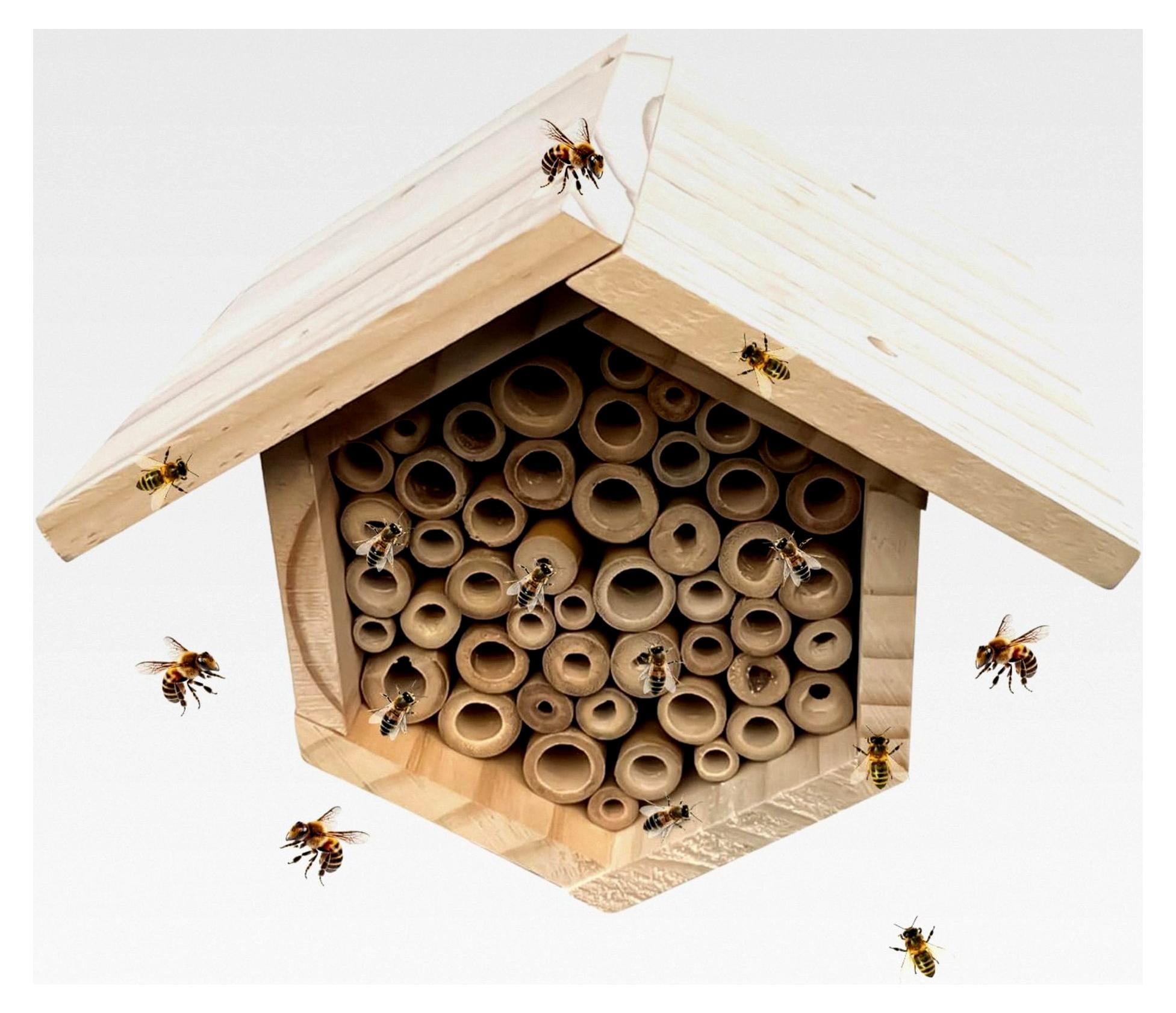 Markenlos Bienenhotel – Bienenstock aus Holz mit Röhren, sechseckiger Lebensraum für Mauerbienen, handgefertigte Bestäuberbox für einheimische Arten