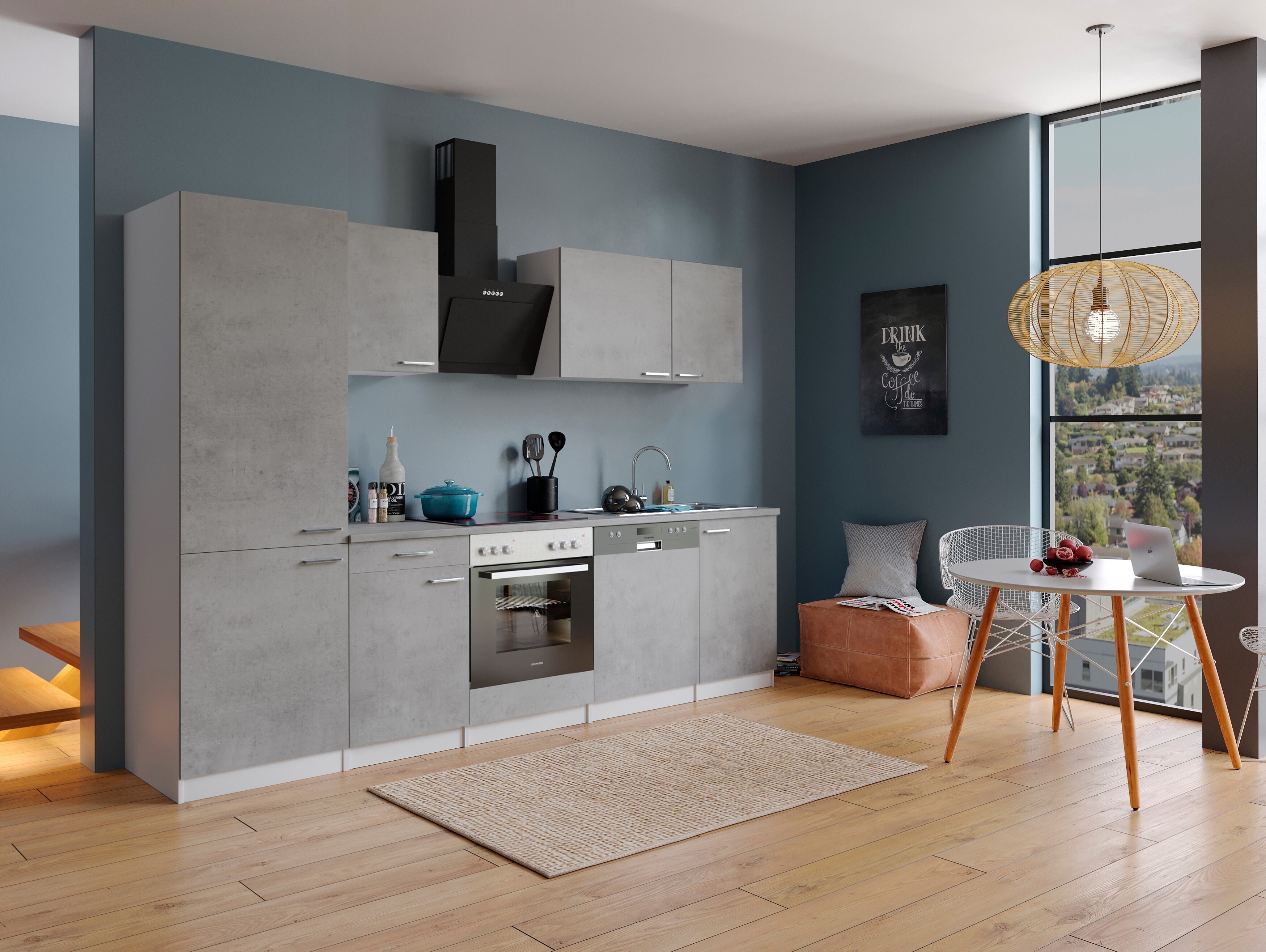 Küche Küchenzeile Küchenblock Einbauküche Weiß Beton Malia 280 cm Respekta