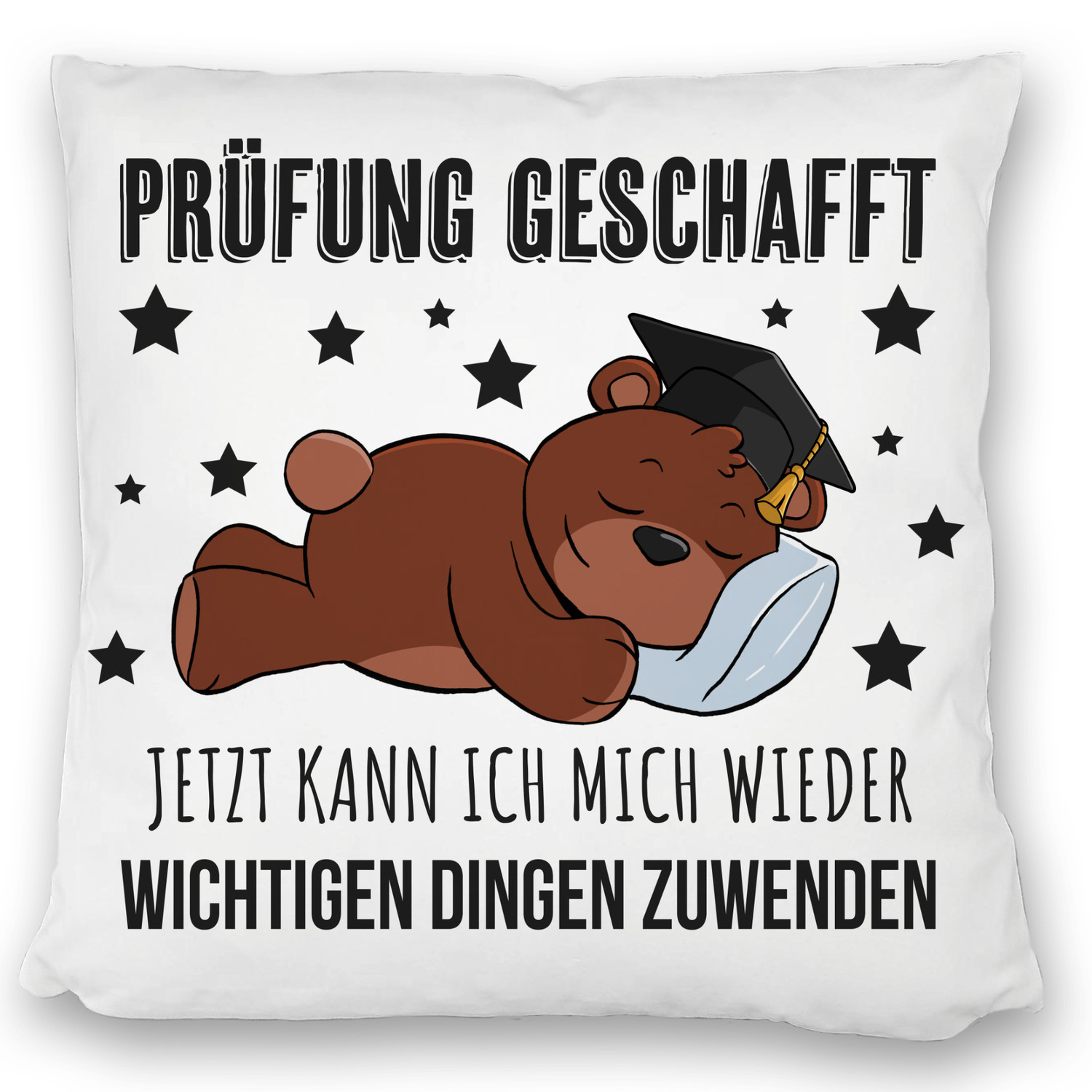 speecheese Schlafender Bär mit Doktorhut Kissen satiniert mit Spruch Prüfung bestanden