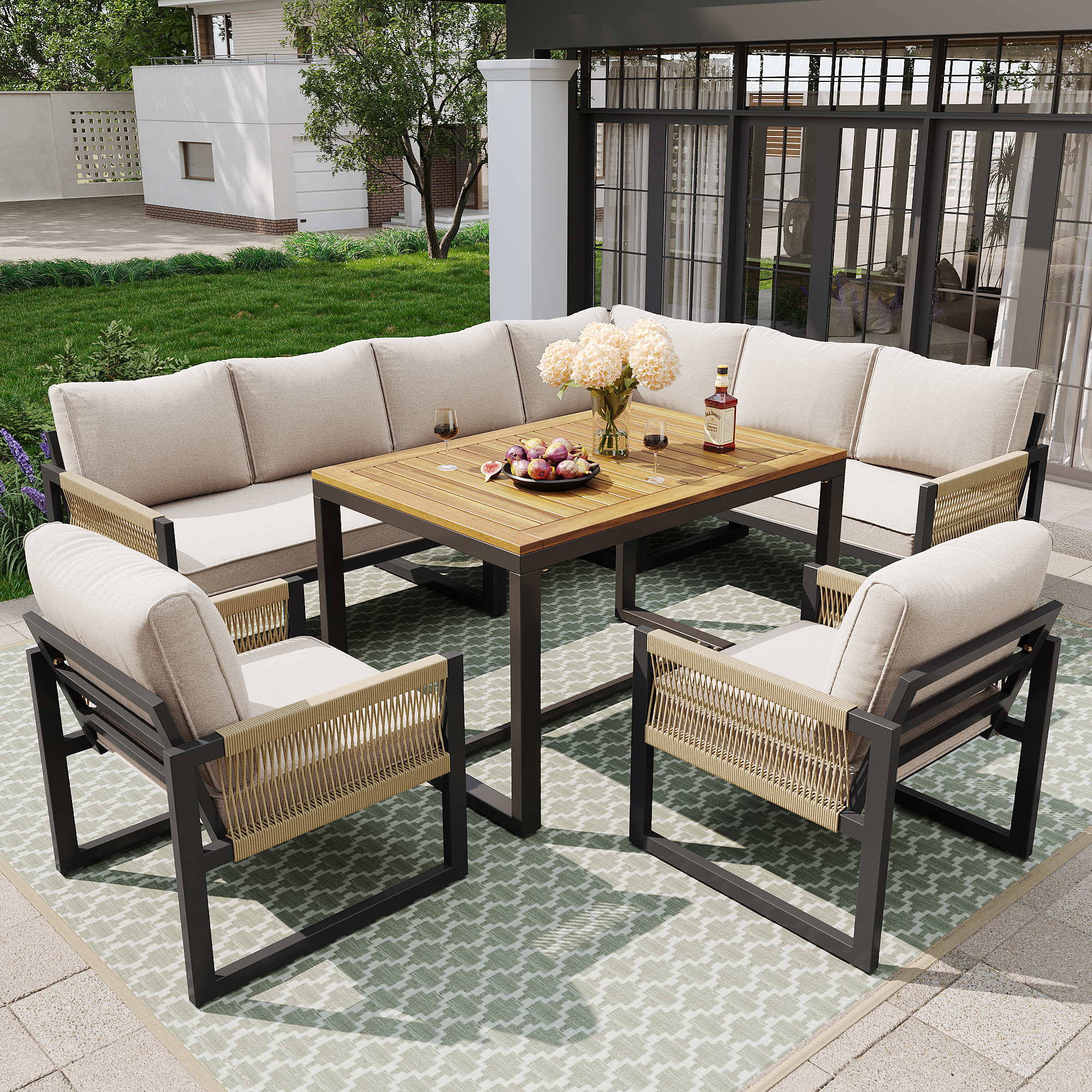 Set Divano Angolare Da Giardino Per 5 Persone, In Metallo Zincato E Legno Plastico, Con Schienale Reclinabile A 5 Livelli (fino A 55°) E Tavolini Impilabili
