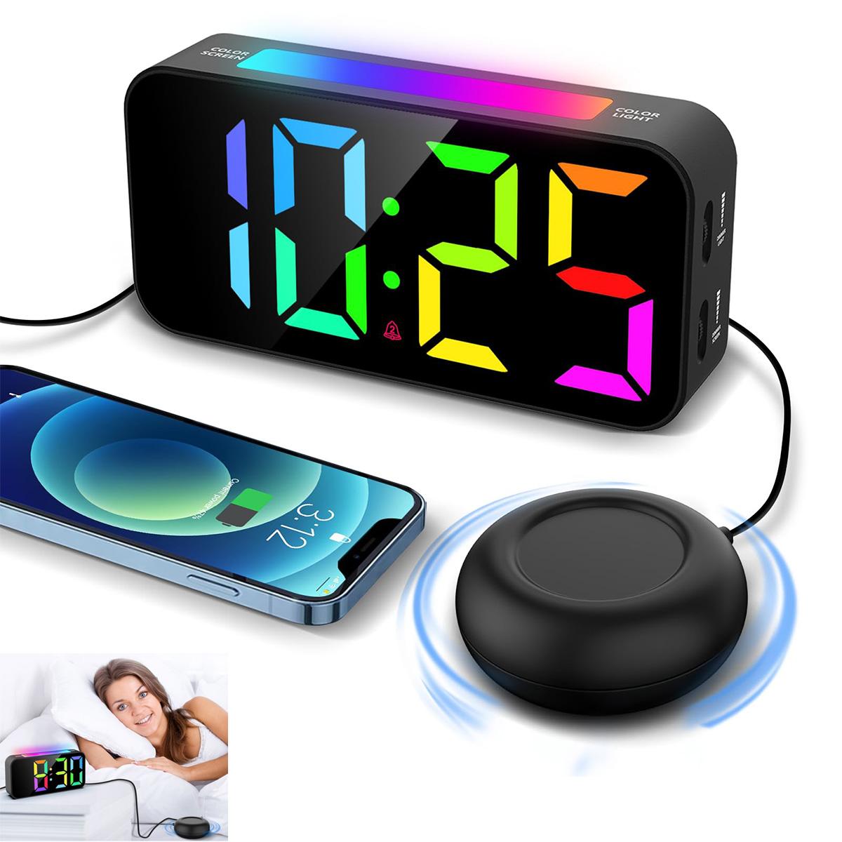 Novzep Wecker Digital für Tiefschläfer, mit Vibration, Nachtlicht, Bunte Anzeige, DST, für Gehörlose Schlafzimmer Nachttisch KAUF-ALRI-CE2606-018