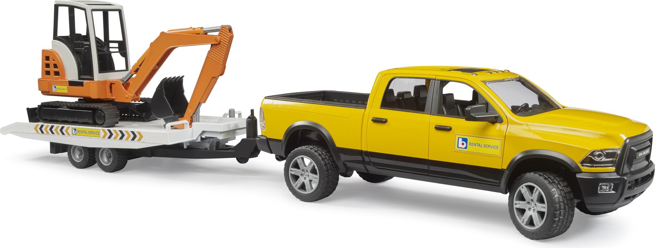 bruder 02546 - RAM Rental Service mit Minibagger - 1:16 Fahrzeuge, Pick-up, Geländewagen, Jeep, Baustelle, Baufahrzeug, Spielzeug ab 4 Jahre