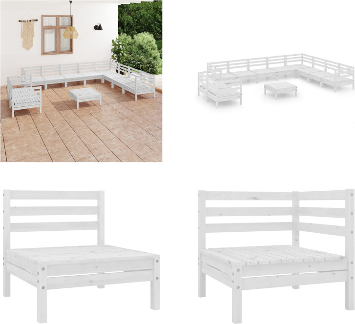 vidaXL 11-dielna záhradná obývacia súprava z masívneho dreva borovice biela - záhradná obývacia súprava - vonkajšia obývacia súprava - drevená pohovka - drevená záhradná pohovka